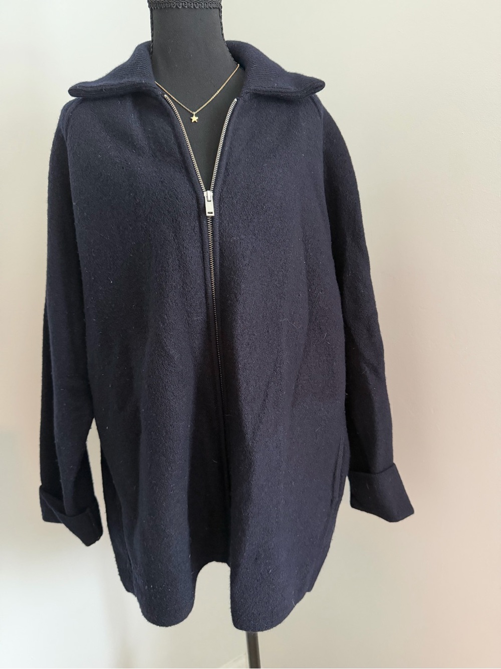 COS 100% Wool Oversized Zip Front Jacket Coat Navy Blue Size Small